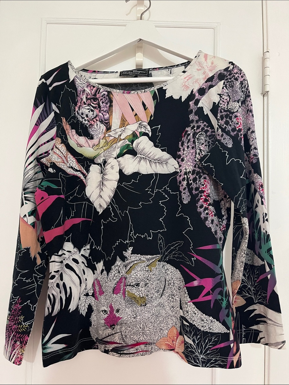 Salvatore Ferragamo Black Floral & Wildlife Print Long-Sleeve Top